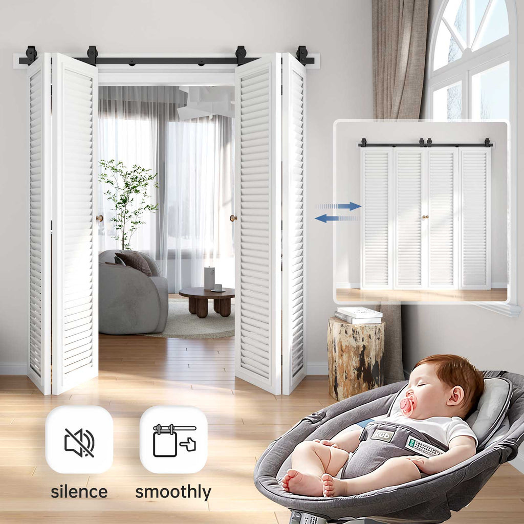 Bi-fold Sliding Barn Door Hardware,Top Mount Installation,Heavy Duty Roller,Smoothly and Quietly,Black(Door Not Included)