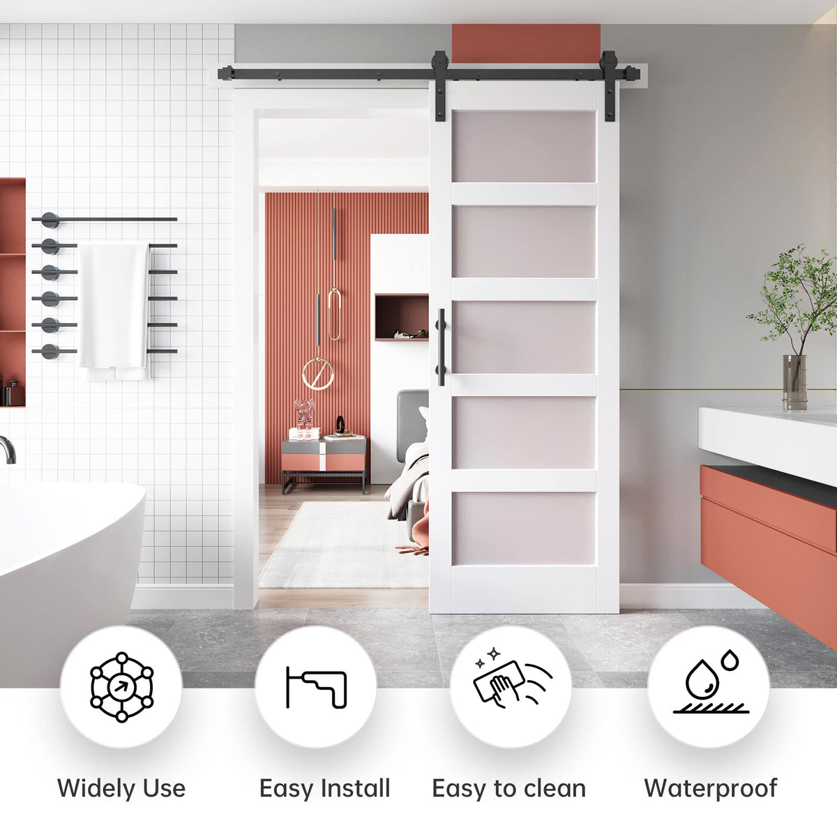 EaseLife Glass Barn Door with Sliding Door Hardware Kit Included & Handle,Solid LVL Wood Covered with Water-Proof & Scratch-Resistant PVC Surface,DIY Assembly,5-Panel Glass,White