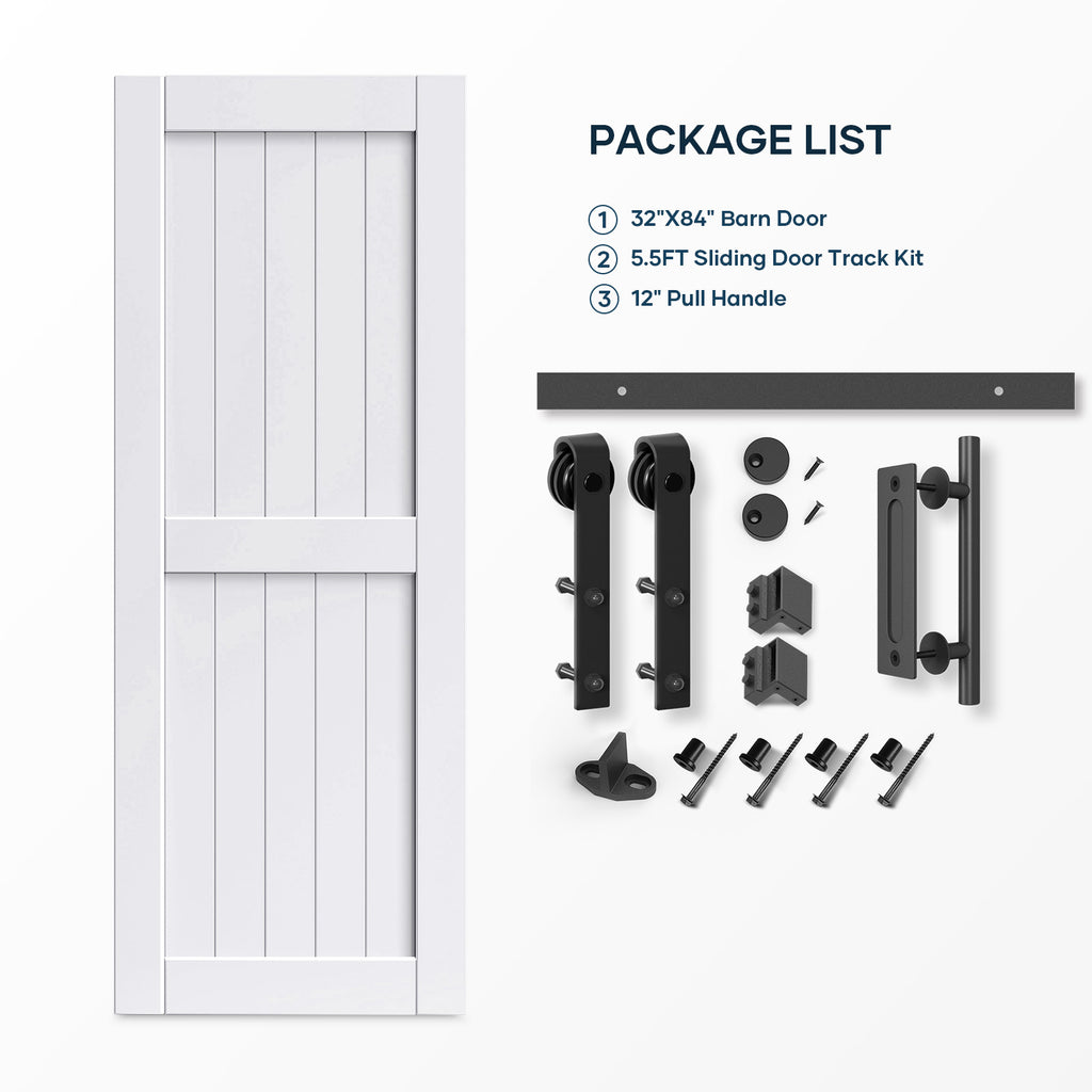 EaseLife Sliding Barn Door with Barn Door Hardware Track Kit Included,Solid LVL Wood Slab Covered with Water-Proof & Scratch-Resistant PVC Surface,DIY Assembly,Easy Install,White, H-Frame