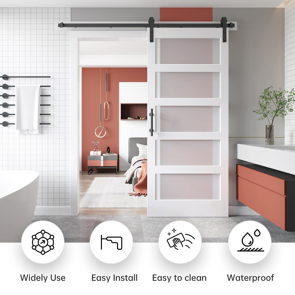 EaseLife Glass Barn Door with Sliding Door Hardware Kit Included & Handle,Solid LVL Wood Covered with Water-Proof & Scratch-Resistant PVC Surface,DIY Assembly,5-Panel Glass,White