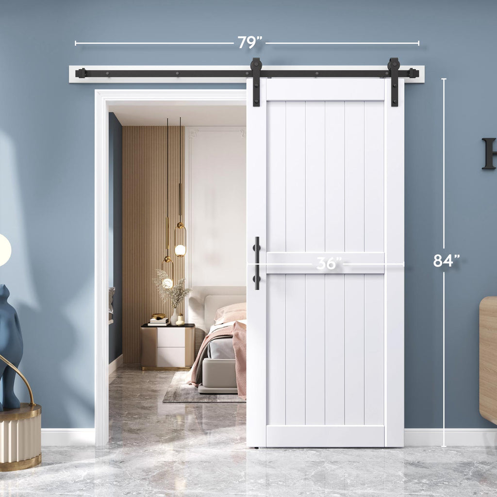 EaseLife Sliding Barn Door with Barn Door Hardware Track Kit Included,Solid LVL Wood Slab Covered with Water-Proof & Scratch-Resistant PVC Surface,DIY Assembly,Easy Install,White, H-Frame