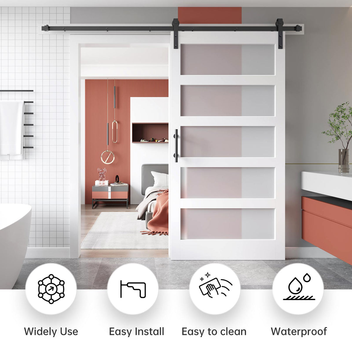 EaseLife Glass Barn Door with Sliding Door Hardware Kit Included & Handle,Solid LVL Wood Covered with Water-Proof & Scratch-Resistant PVC Surface,DIY Assembly,5-Panel Glass,White
