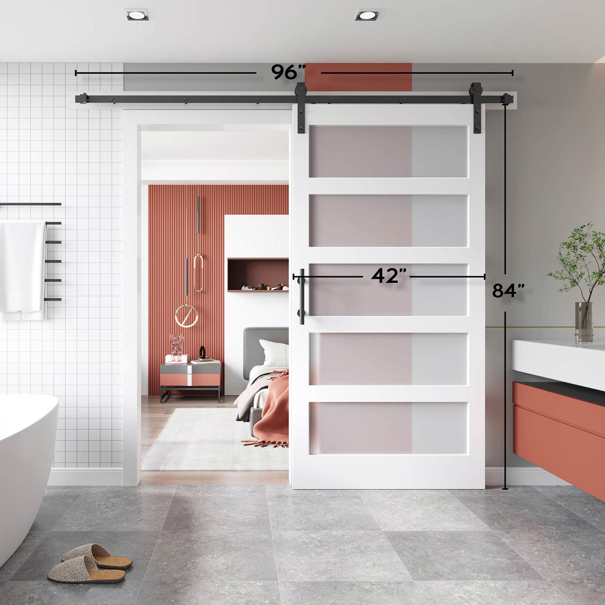EaseLife Glass Barn Door with Sliding Door Hardware Kit Included & Handle,Solid LVL Wood Covered with Water-Proof & Scratch-Resistant PVC Surface,DIY Assembly,5-Panel Glass,White