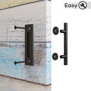 EaseLife 12" Sliding Barn Door Pull Handle with Flush Hardware Set,Heavy Duty,Solid,Rustic Style,Black Powder Coated Finish,Easy Install
