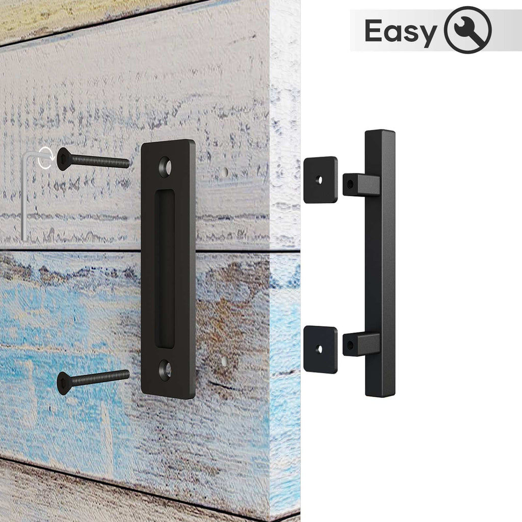 EaseLife 12" Sliding Barn Door Pull Handle with Flush Hardware Set,Heavy Duty,Solid,Rustic Style,Black Powder Coated Finish,Easy Install