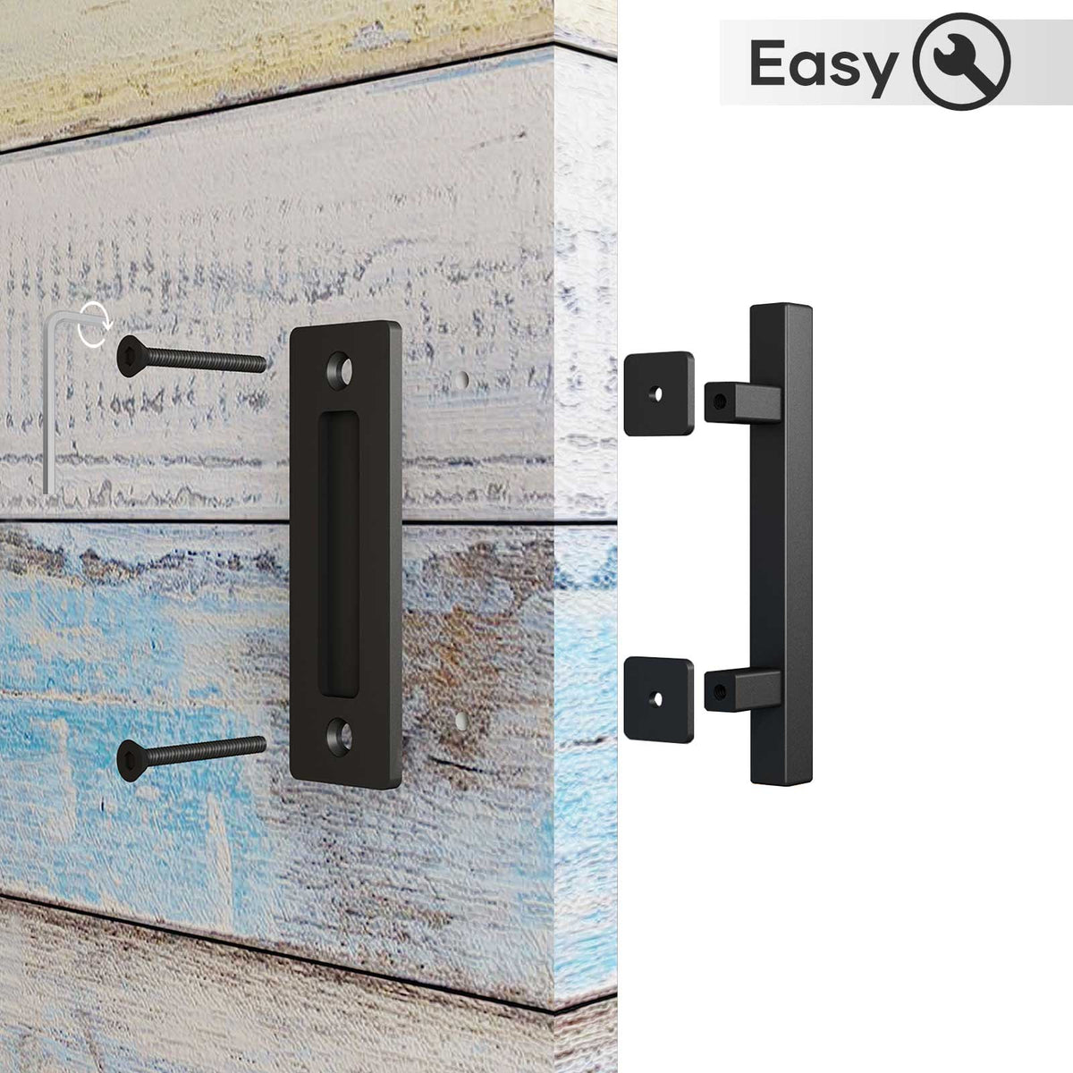 EaseLife 10" Sliding Barn Door Pull Handle with Flush Hardware Set,Heavy Duty,Solid,Rustic Style,Black Powder Coated Finish,Easy Install