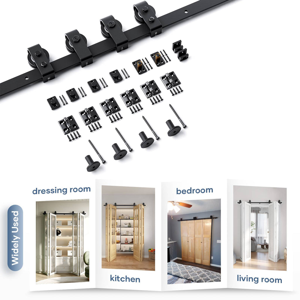 Bi-fold Sliding Barn Door Hardware,Top Mount Installation,Heavy Duty Roller,Smoothly and Quietly,Black(Door Not Included)