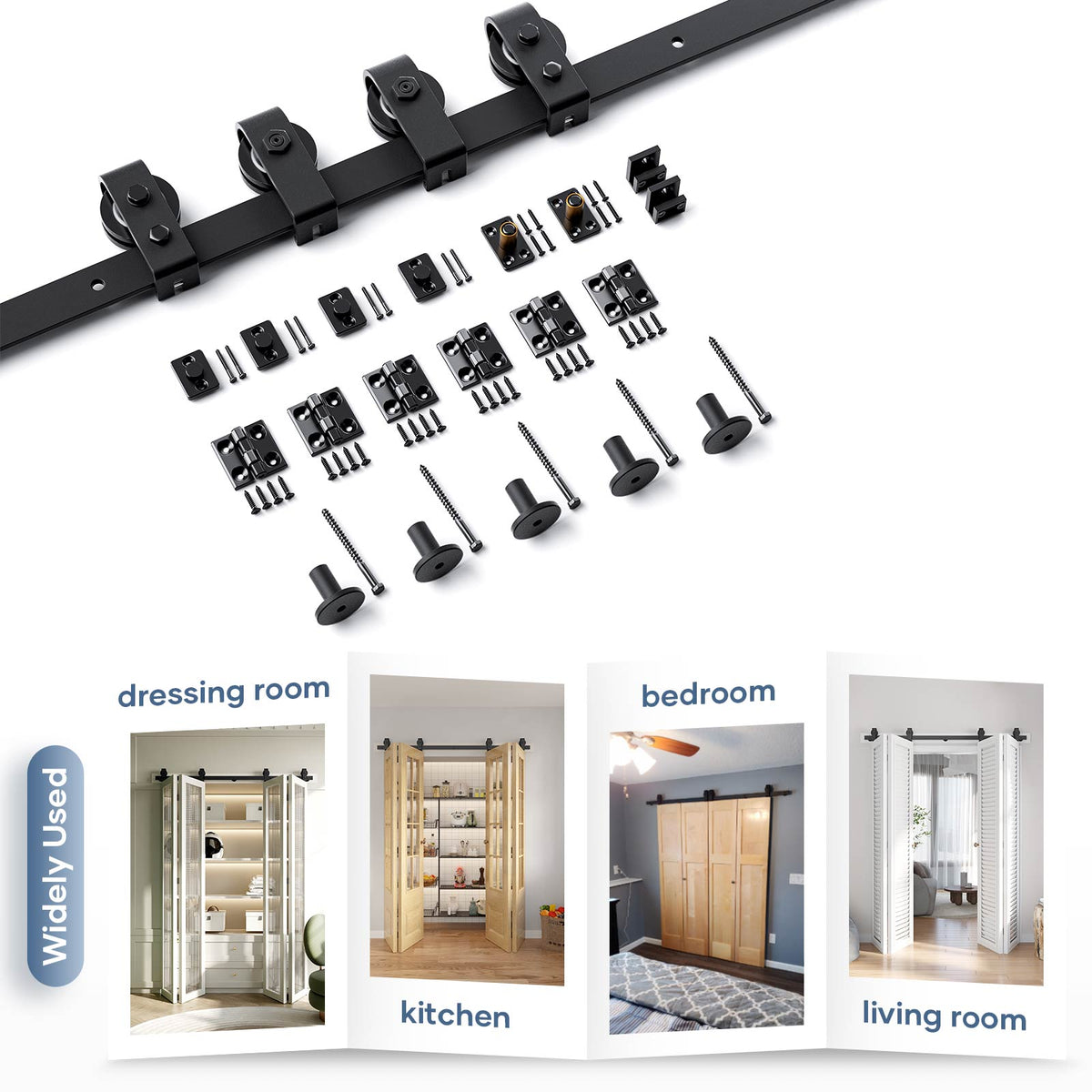 Bi-fold Sliding Barn Door Hardware,Top Mount Installation,Heavy Duty Roller,Smoothly and Quietly,Black(Door Not Included)